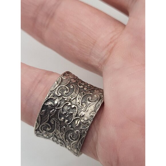 Sterling Silver 925 Scroll Floral Wide Band Ring - Picture 6 of 9